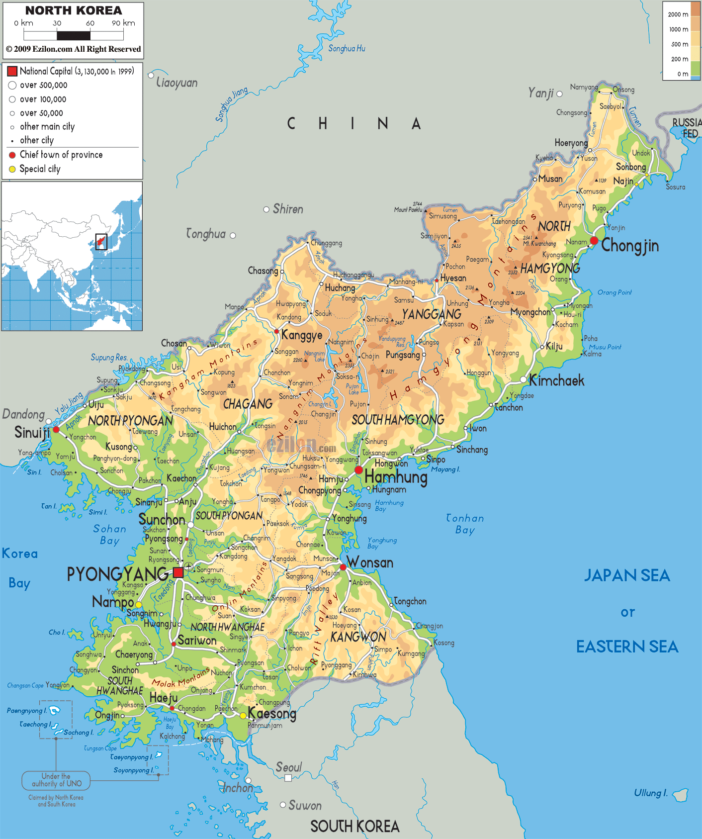 Physical Map Of North Korea Ezilon Maps