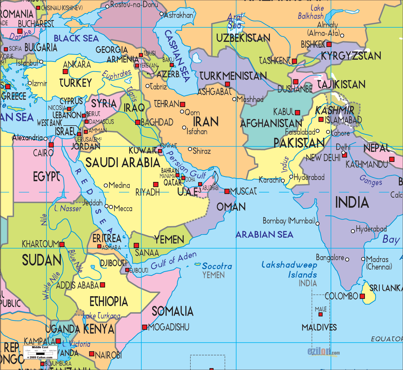 Political Map Of Middle East Ezilon Maps