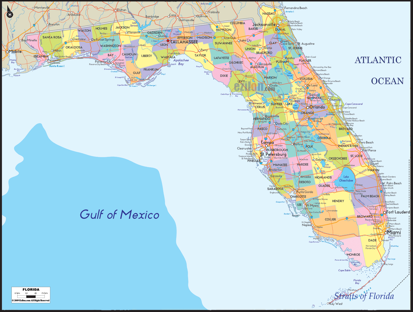 Political division of the state of Florida by county. Cities, towns