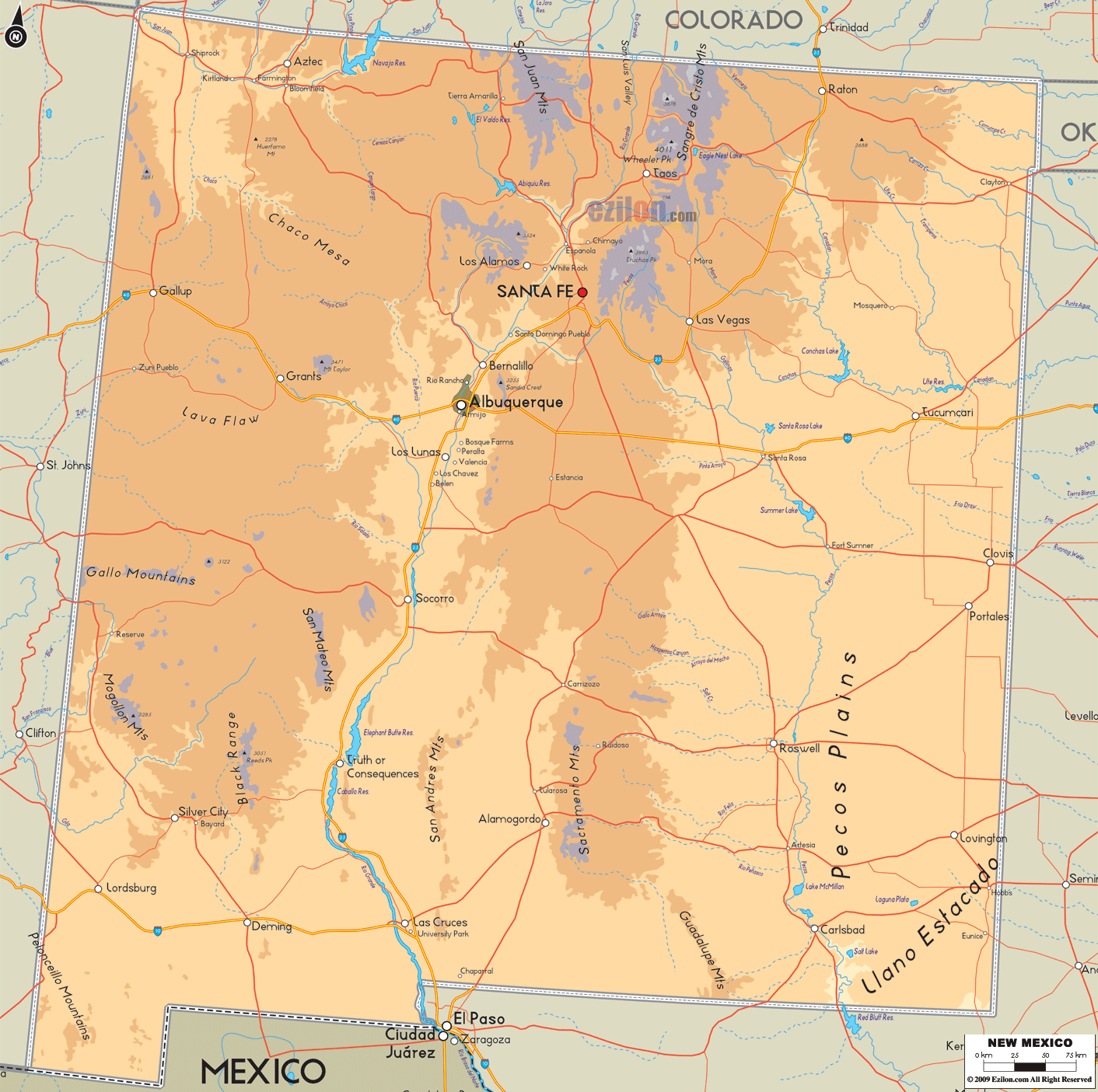 Physical Map Of New Mexico Ezilon Maps