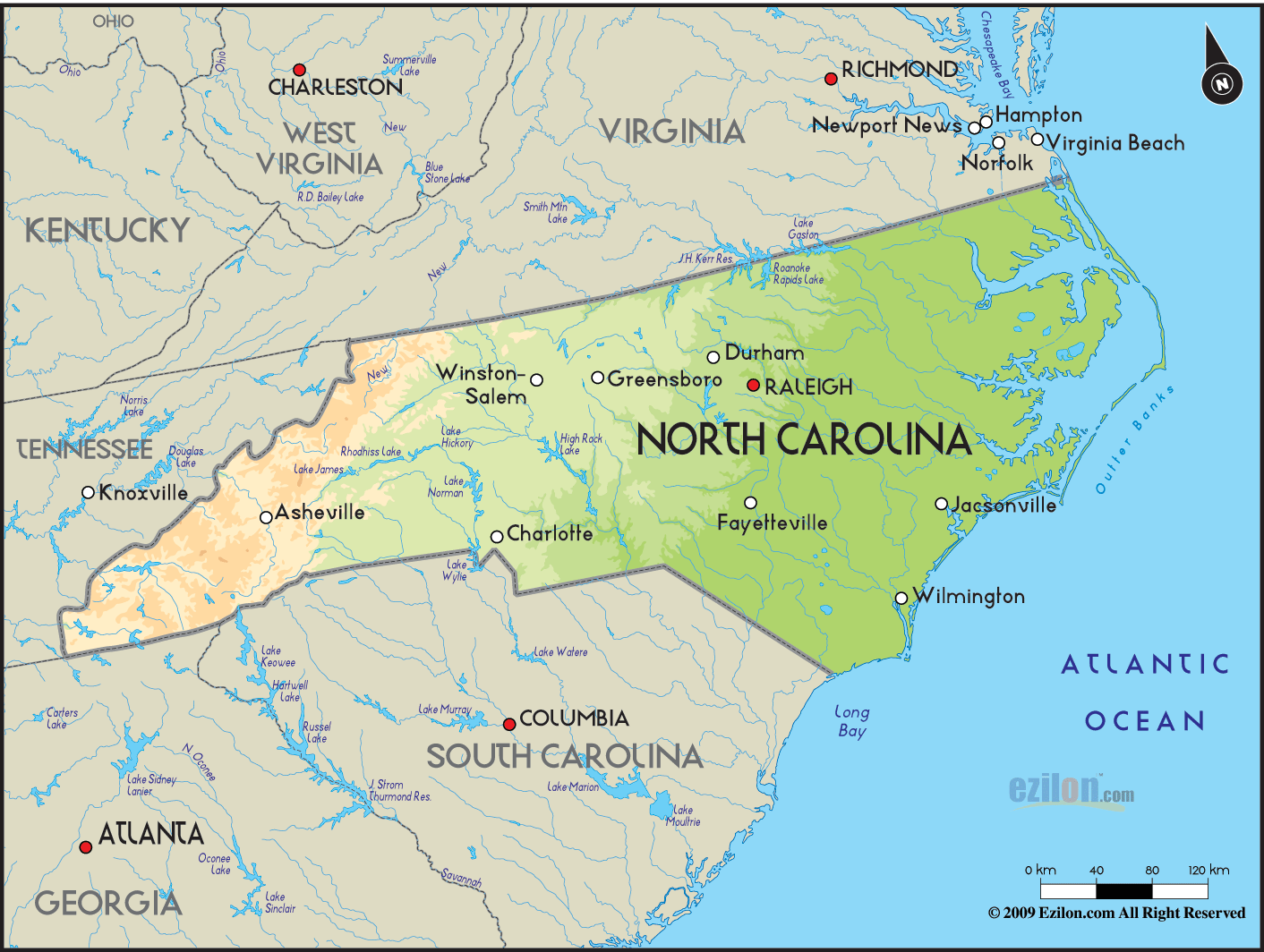 Geographical Map Of North Carolina And North Carolina Geographical Maps