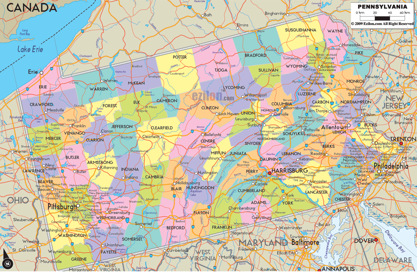 Political Map of Pennsylvania - Ezilon Maps