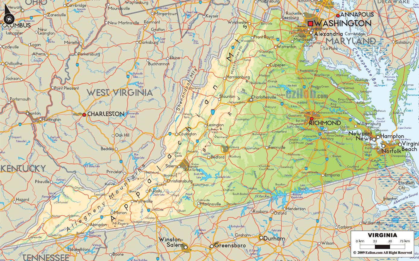 Physical Map of Virginia - Ezilon Maps