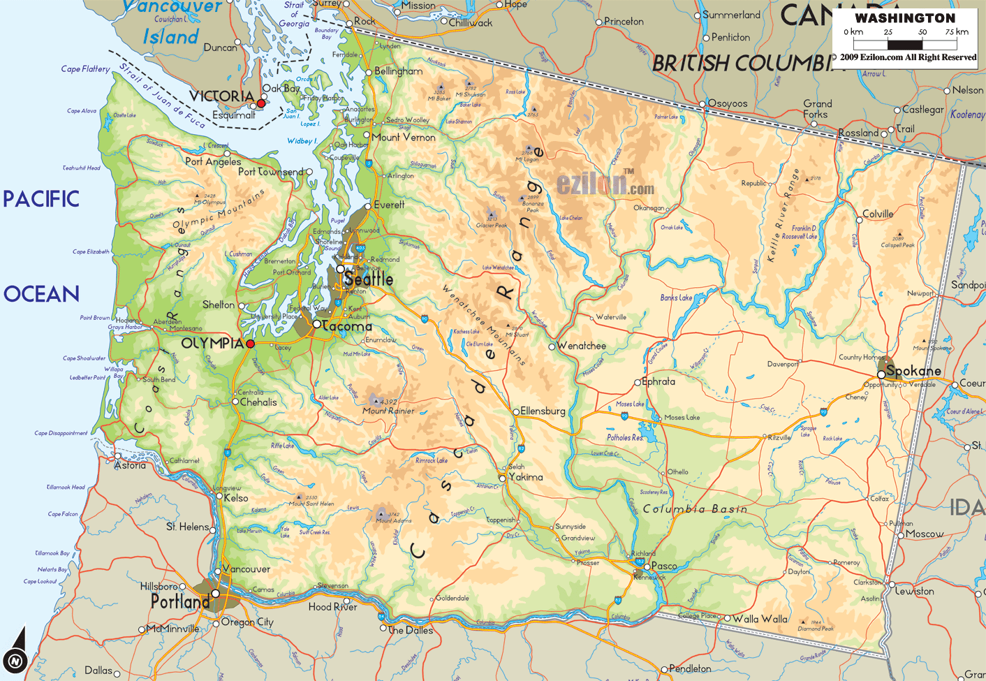 Physical Map Of Washington Ezilon Maps