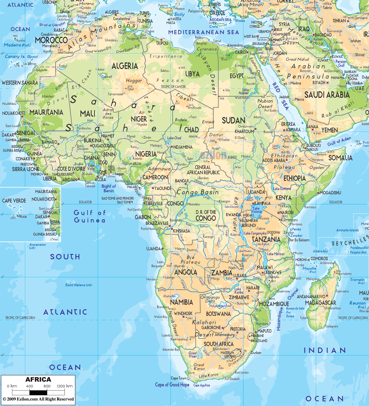 Physical Map of Africa - Ezilon Maps