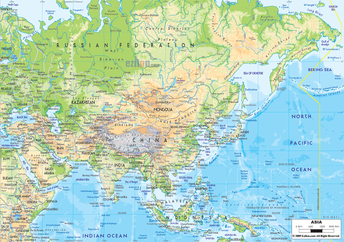 Physical Map Of Asia - Ezilon Maps