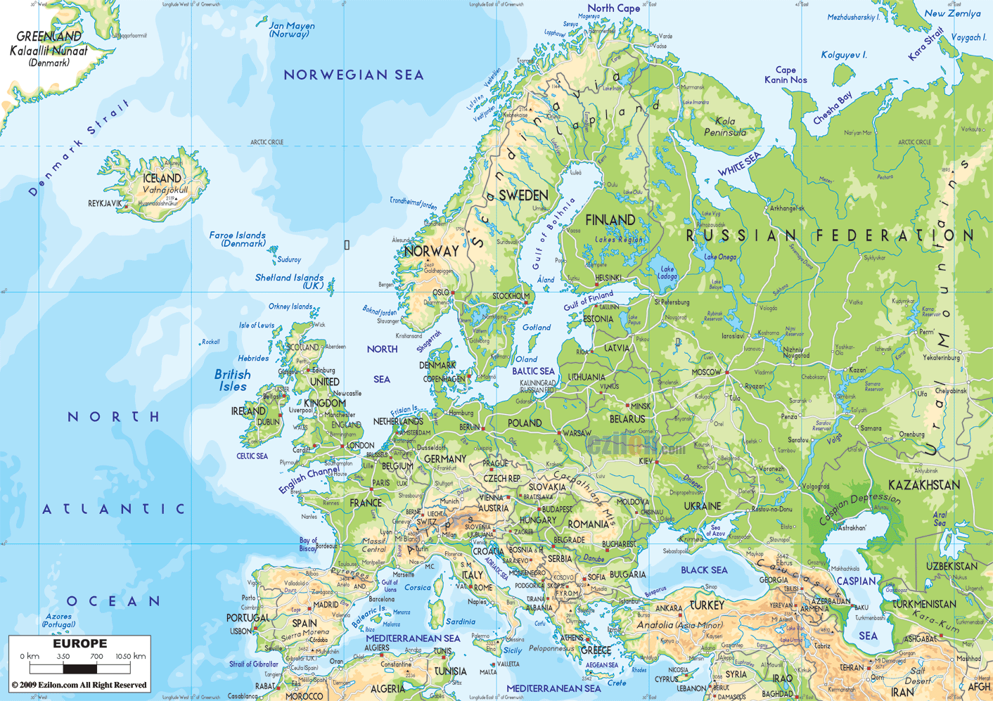 Map Of Europe With Geographical Features Physical Map of Europe   Ezilon Maps