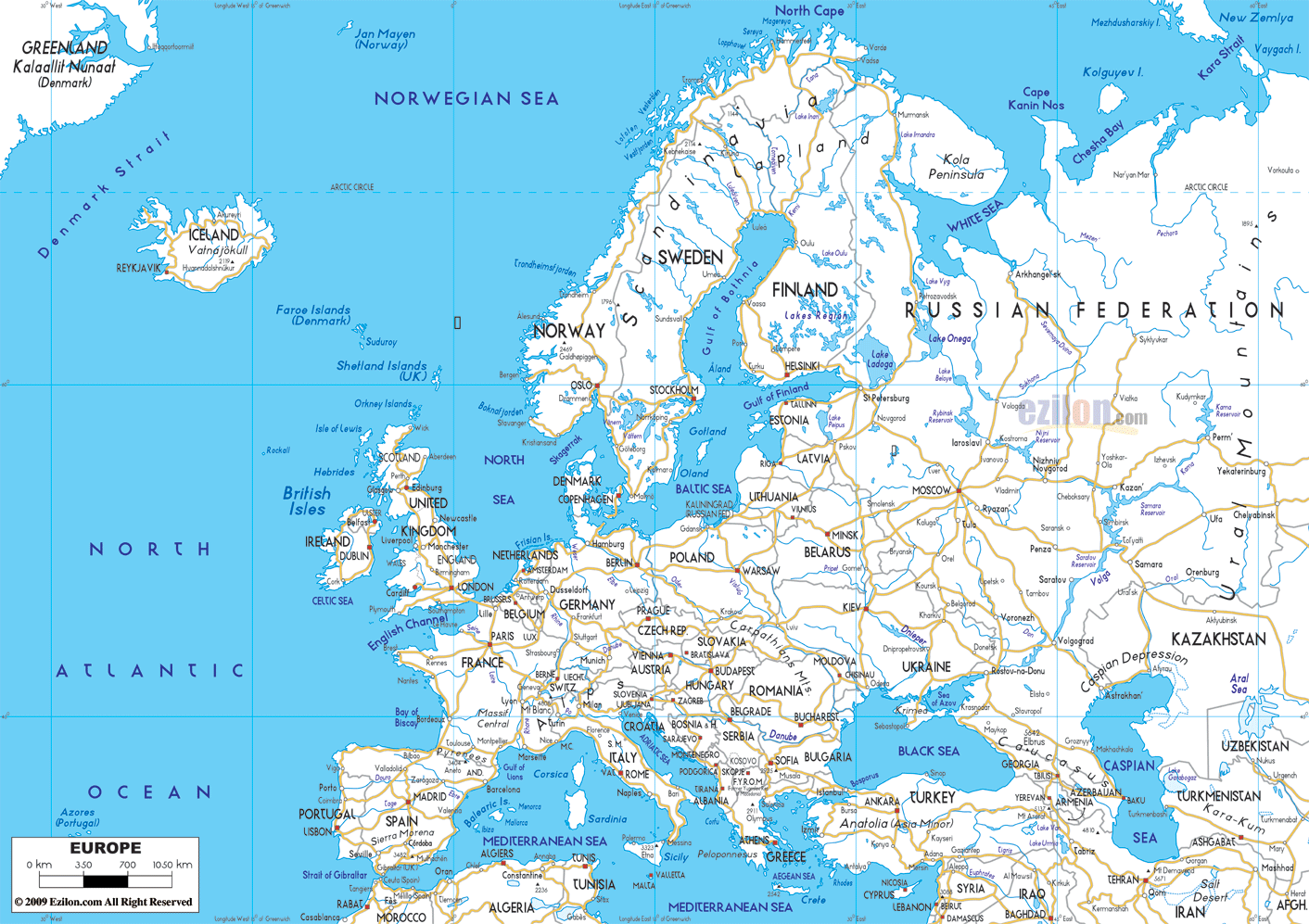 Road Map Of Europe Connecting Cites Towns And Countries Ezilon Maps
