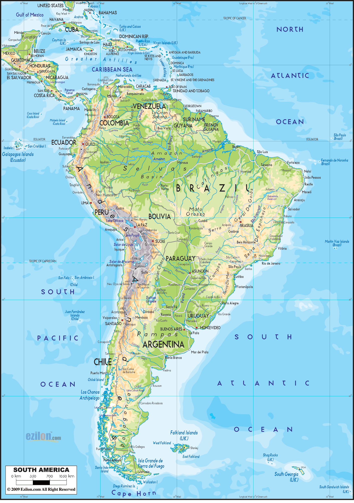 Physical Map Of Latin America And The Caribbean Physical Map of South America   Ezilon Maps
