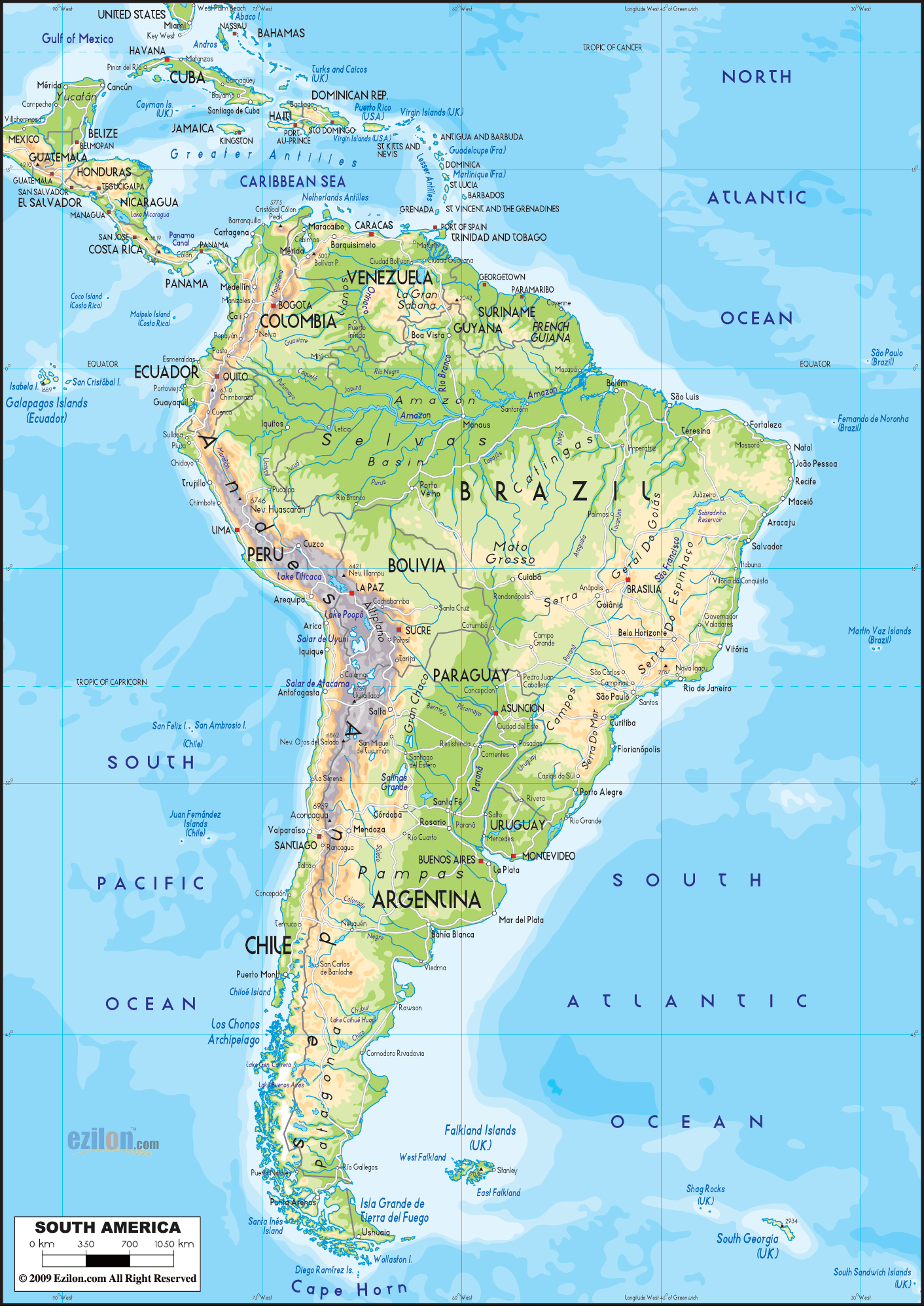 Physical Map Of South America Ezilon Maps