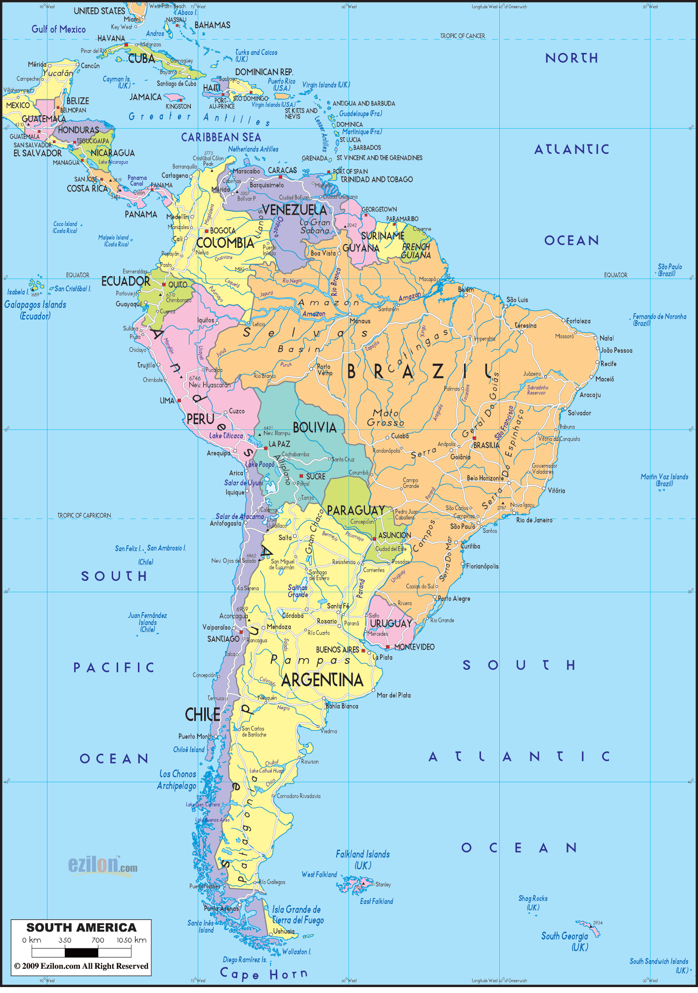 Detailed Clear Large Political Map of South America - Ezilon Maps