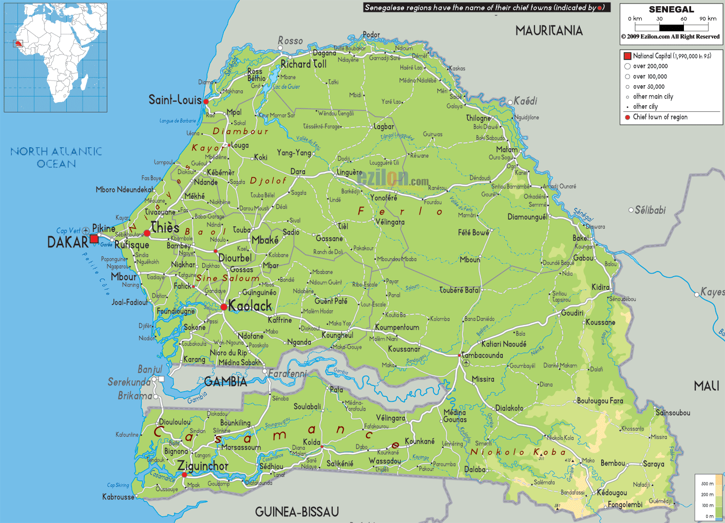 Physical Map Of Senegal Ezilon Maps