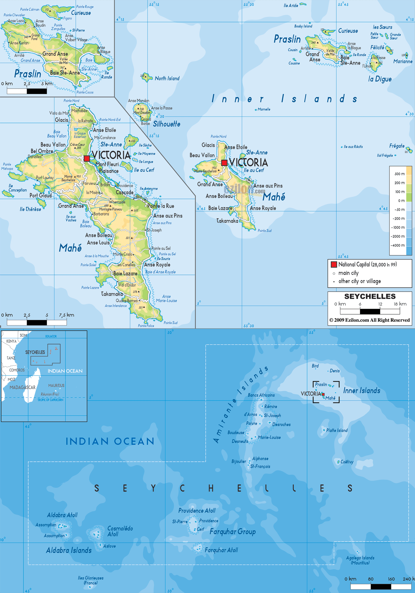 Physical Map of Seychelles and Seychellois Physical Map