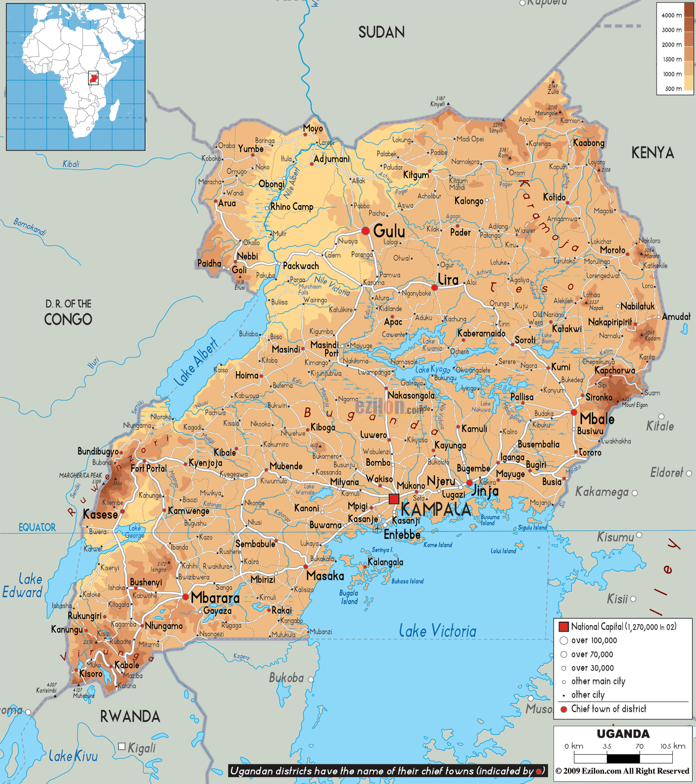 Physical Map of Uganda - Ezilon Maps