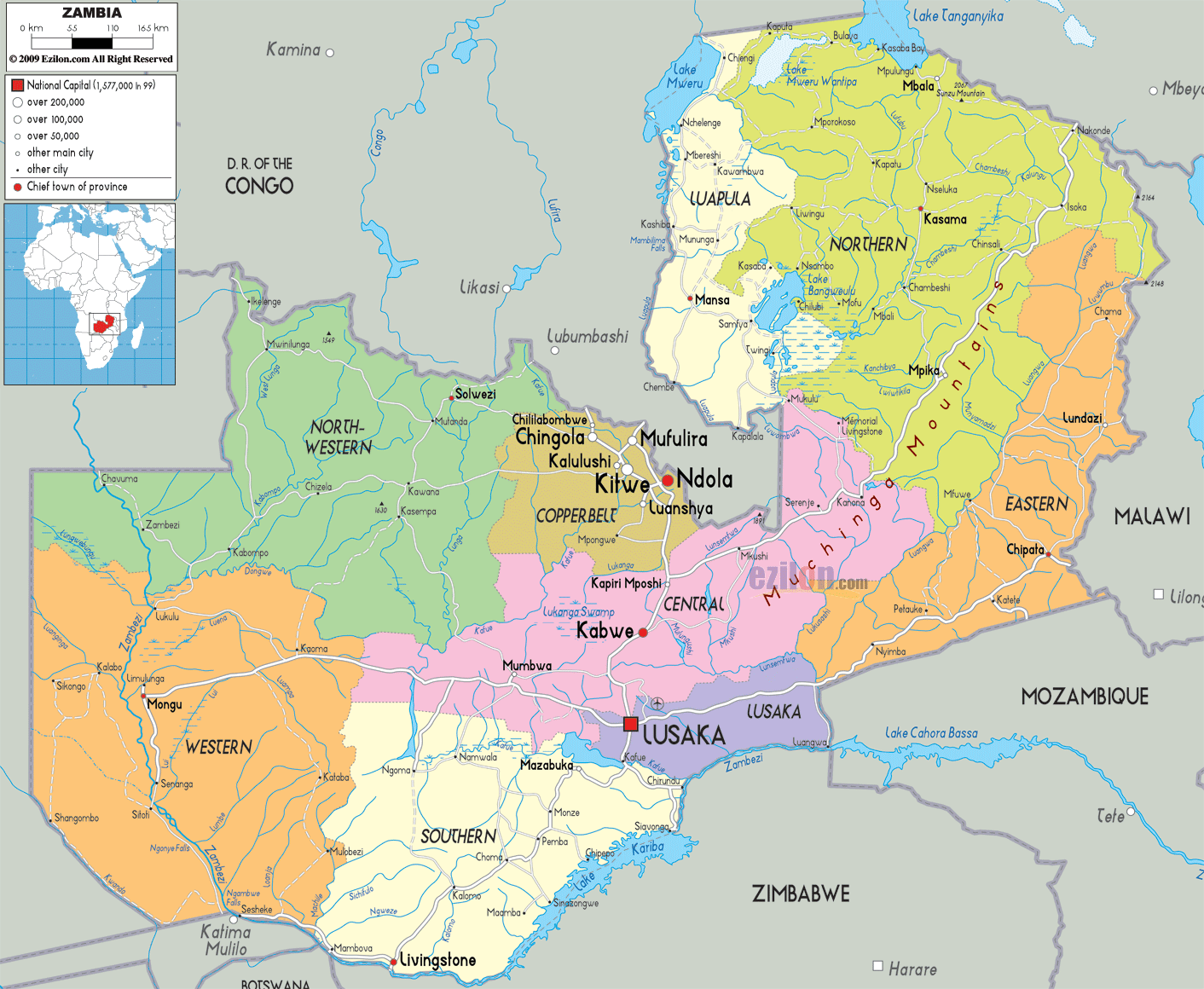 Detailed Political Map Of Zambia Ezilon Maps