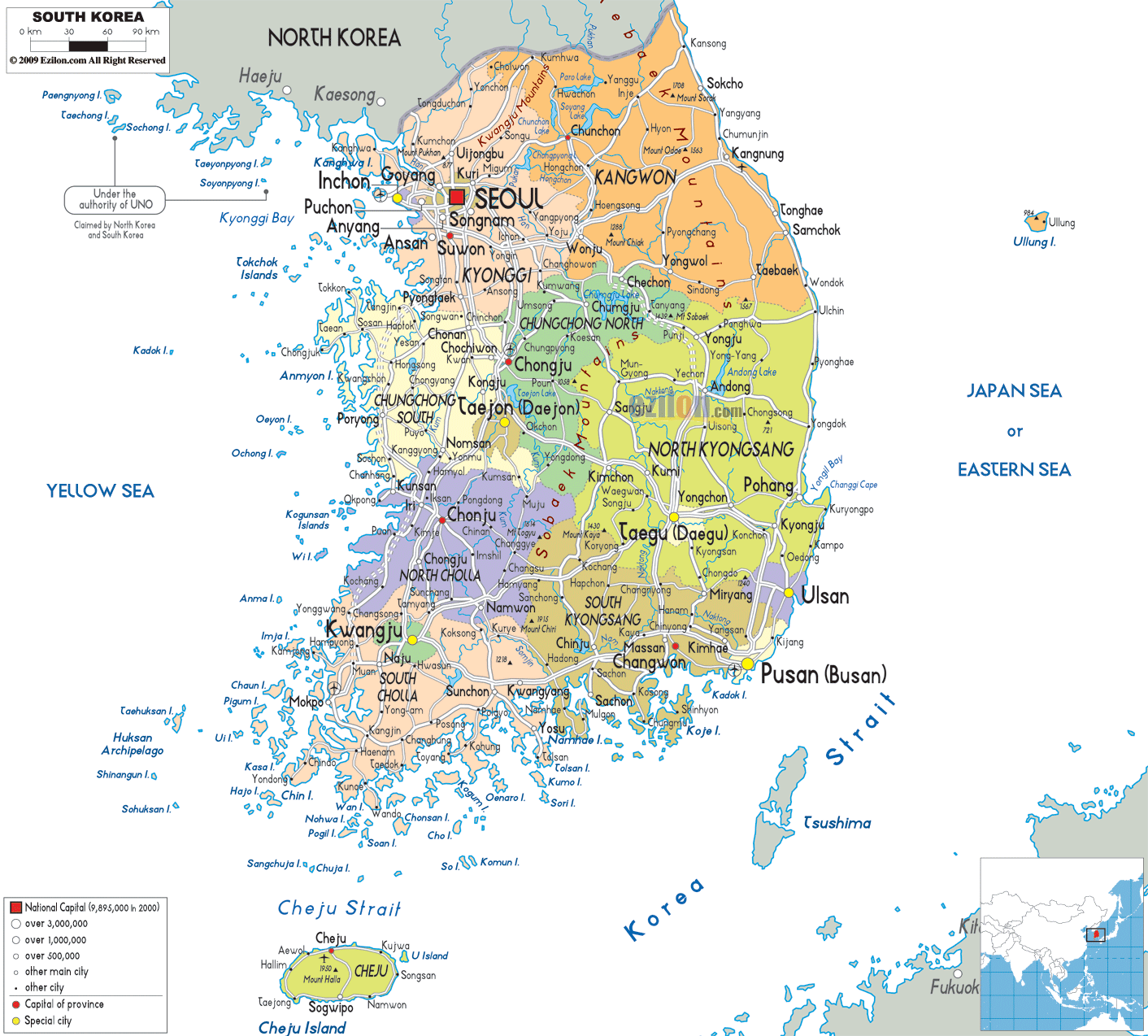 южная корея на карте мира