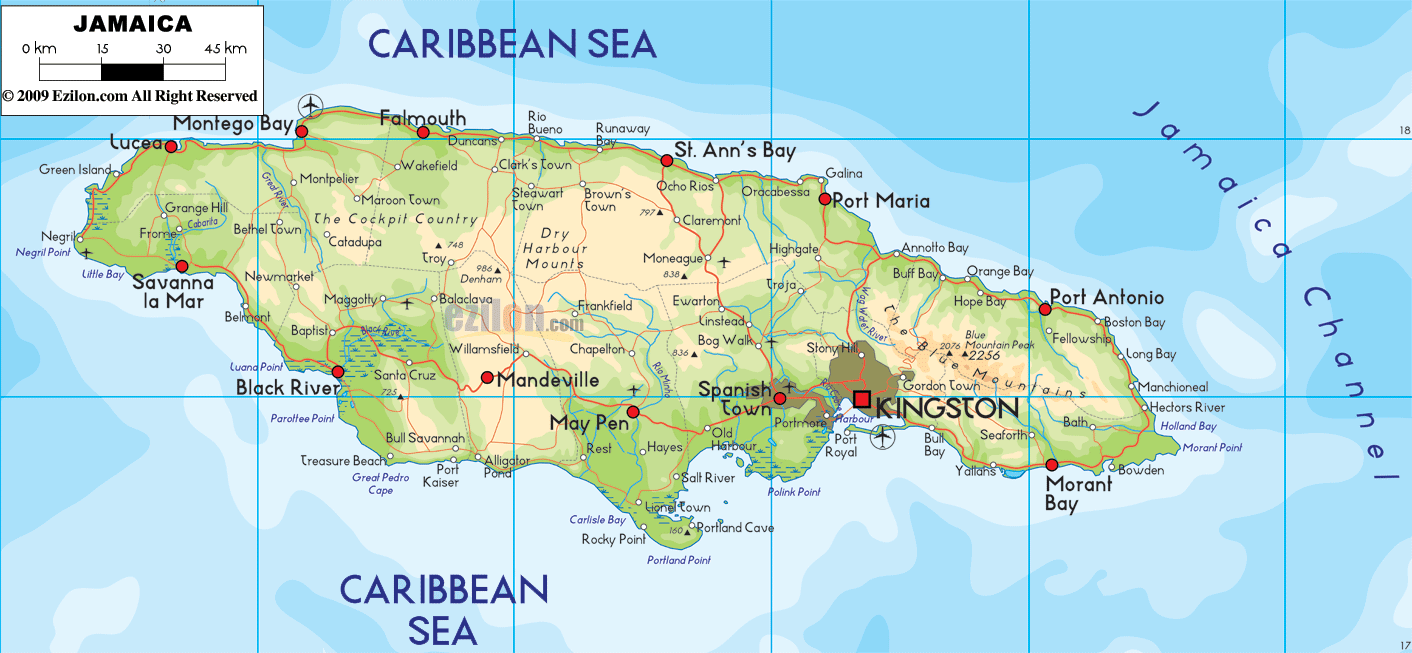 Physical Map of Jamaica  Ezilon Maps