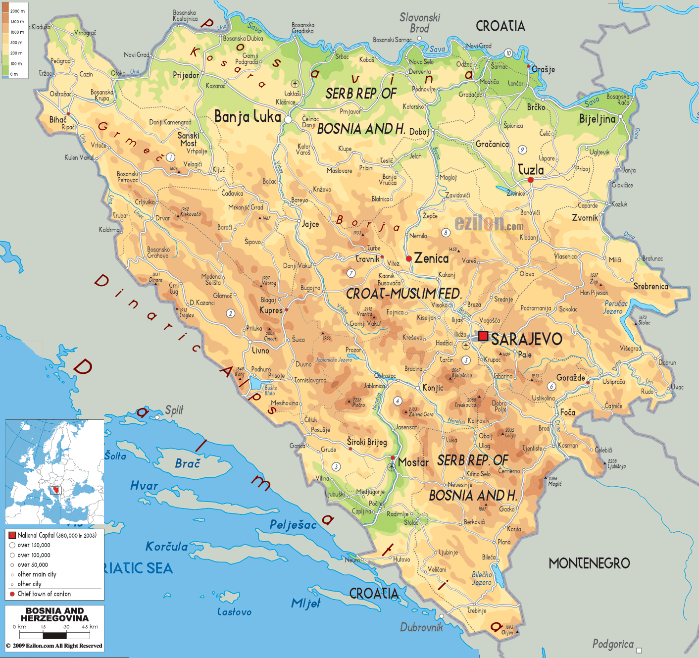 Physical Map of Bosnia and Herzegovina  Ezilon Maps