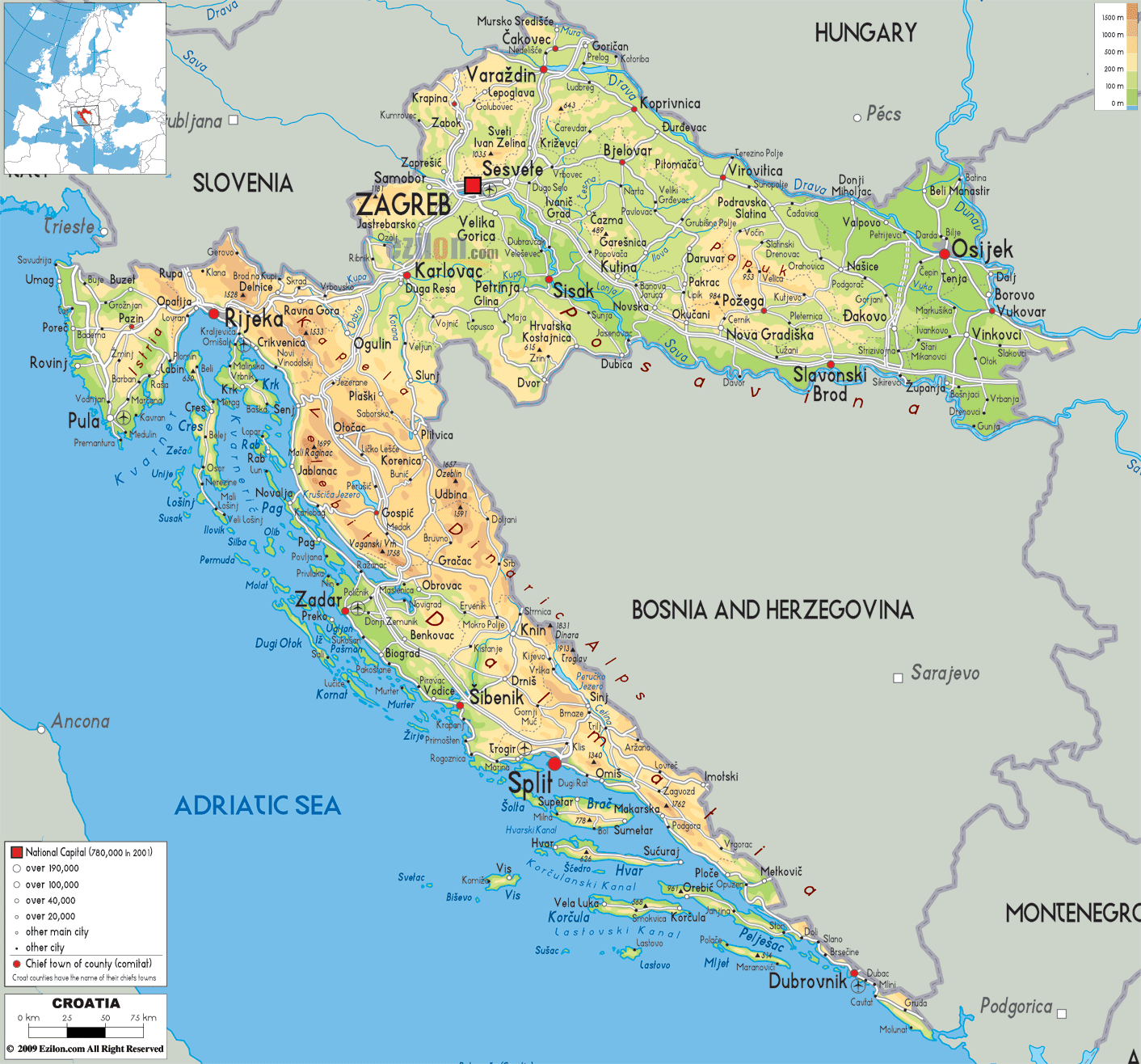 Croatia Physical Map 