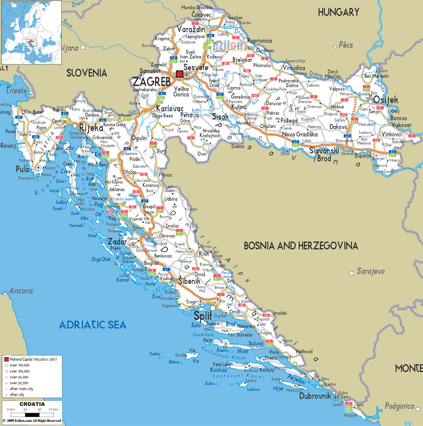 Kaart Europa Kroatie - Vogels