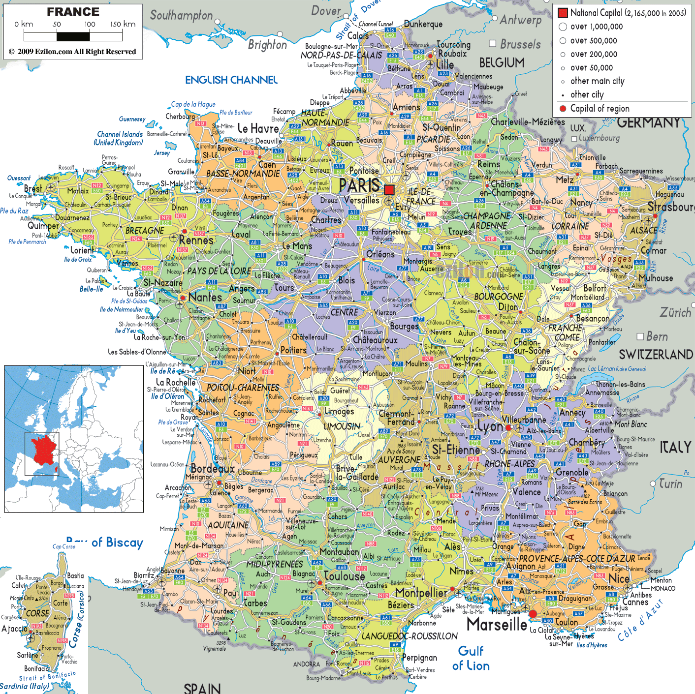 Detailed Political Map of France - Ezilon Maps