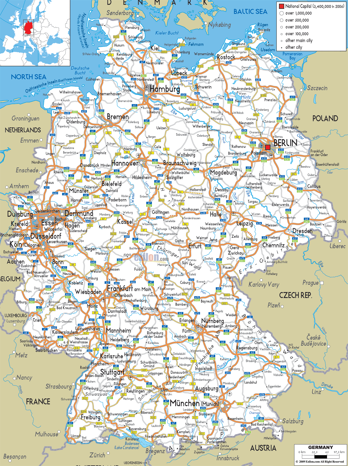 Detailed Clear Large Road Map of Germany - Ezilon Maps