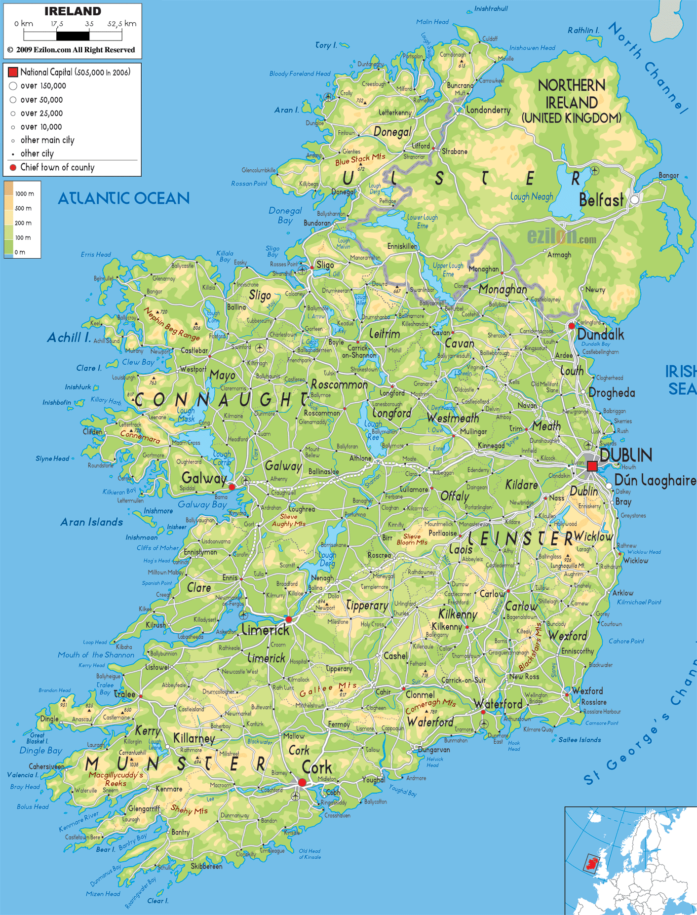 Map Of Ireland Rivers And Mountains Physical Map of Ireland   Ezilon Maps