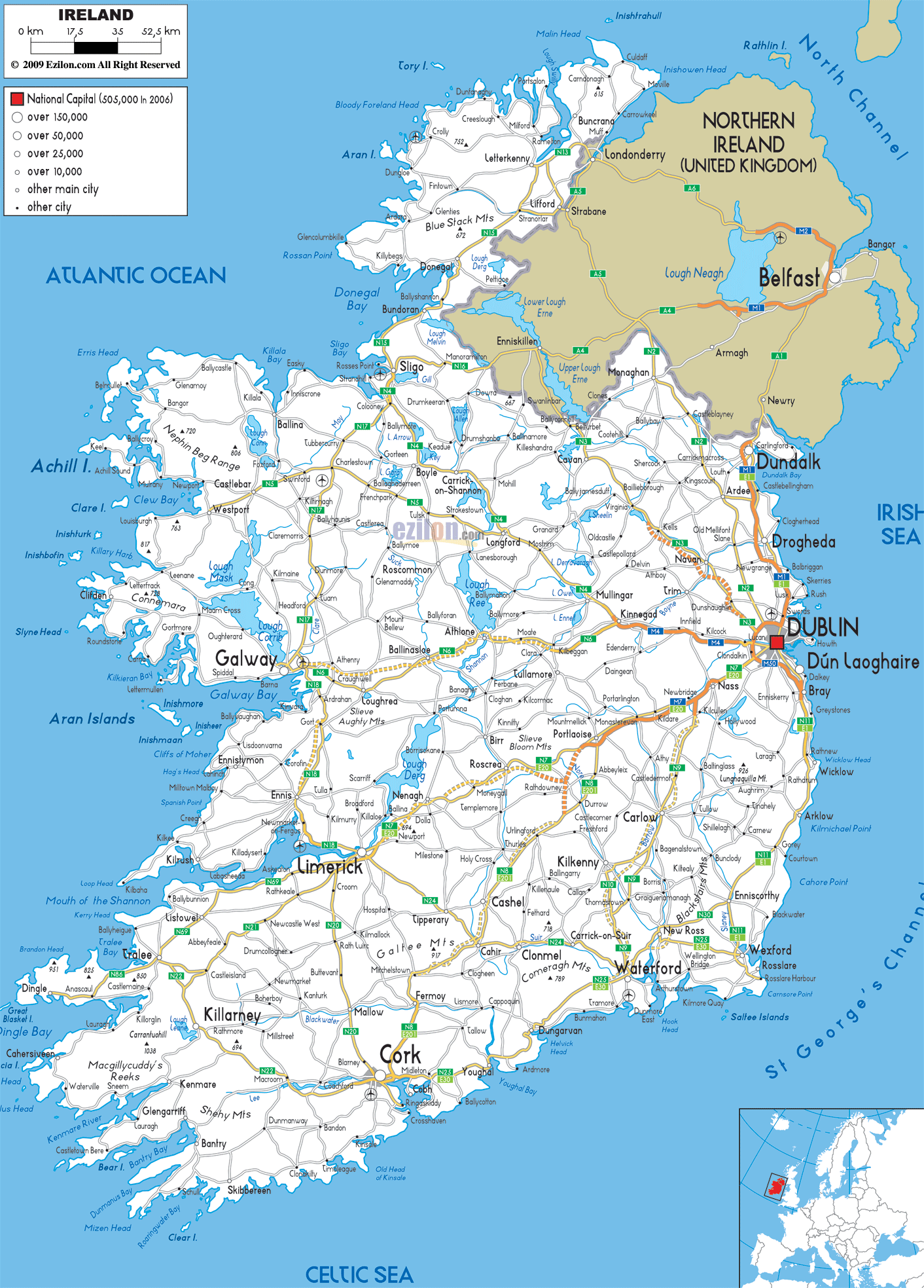 South Coast Of Ireland Map Detailed Clear Large Road Map Of Ireland - Ezilon Maps