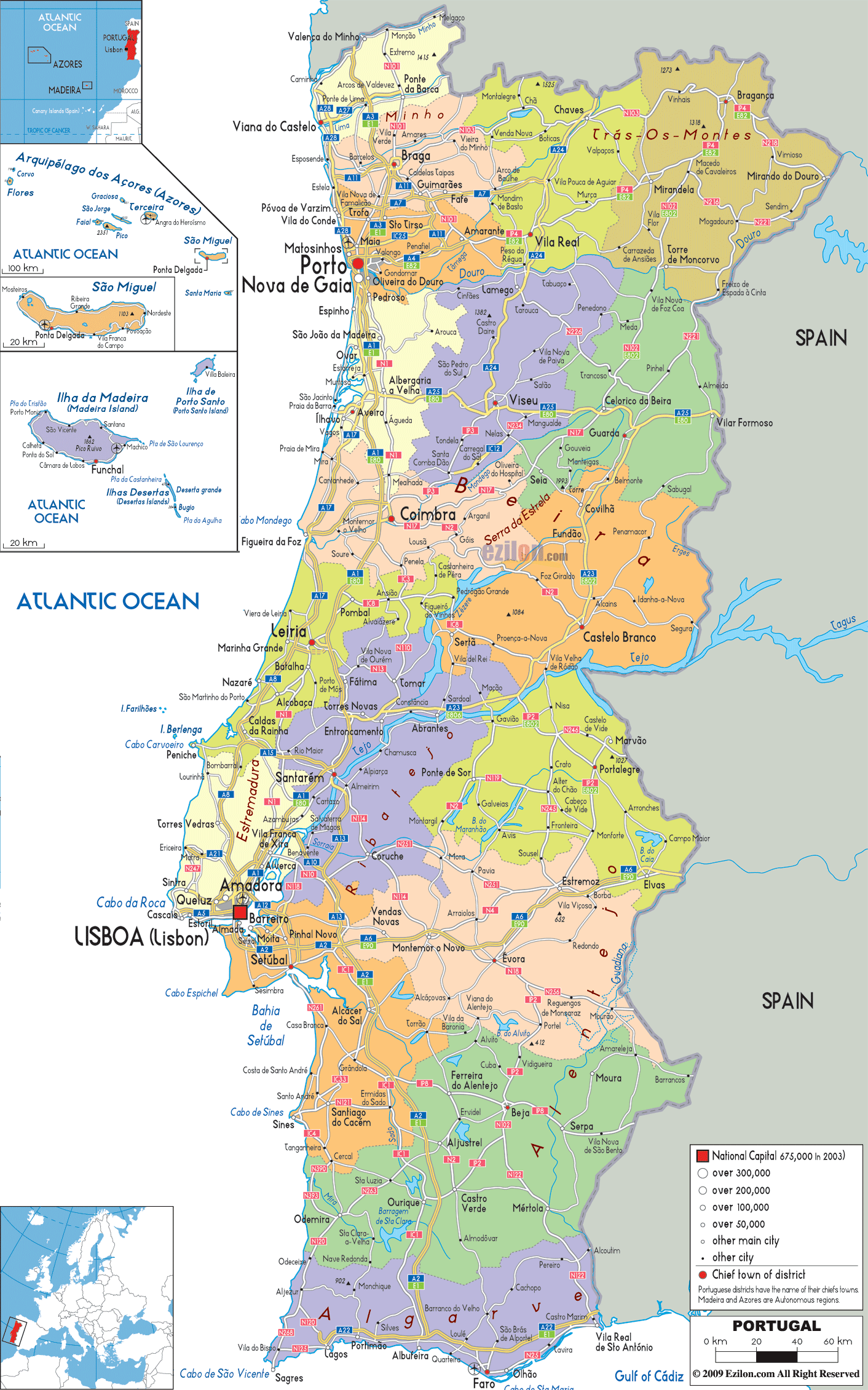 Detailed Political Map of Portugal Ezilon Maps