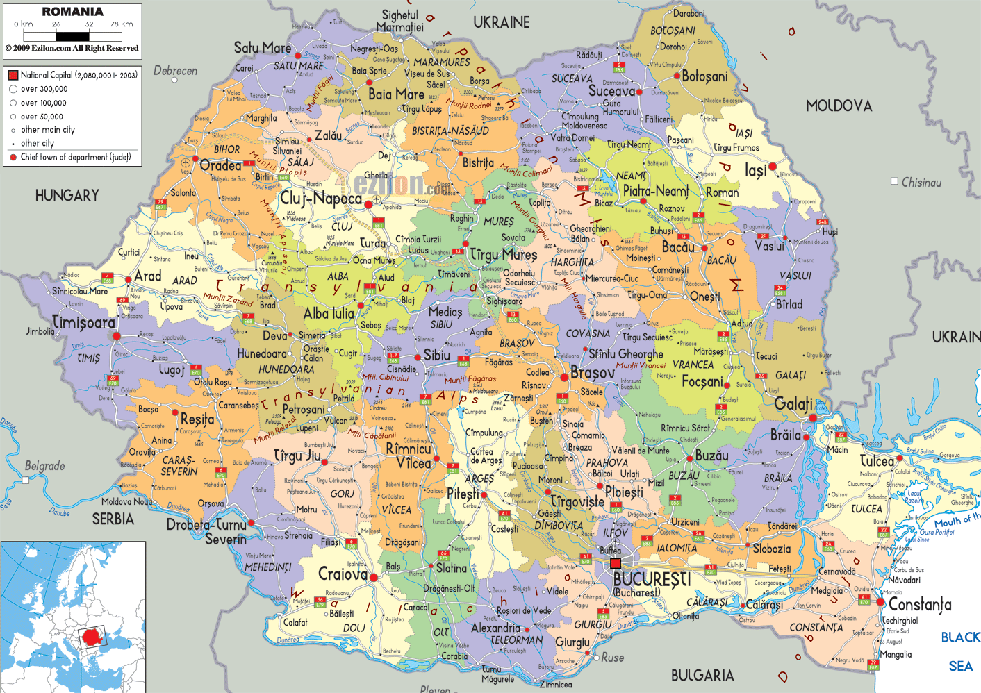 harta romaniei map Detailed Political Map of Romania   Ezilon Maps