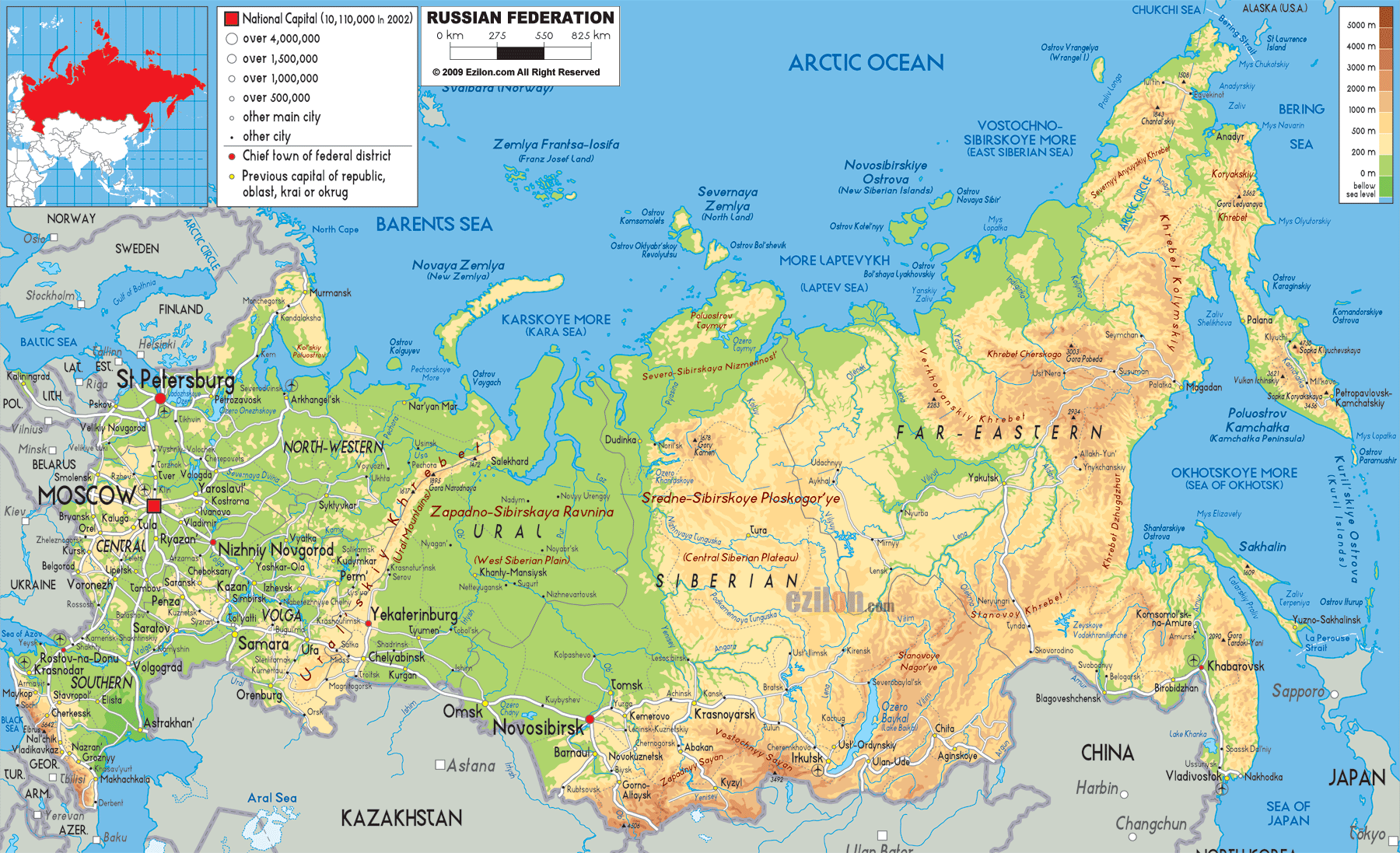 Physical Map of Russia - Ezilon Maps