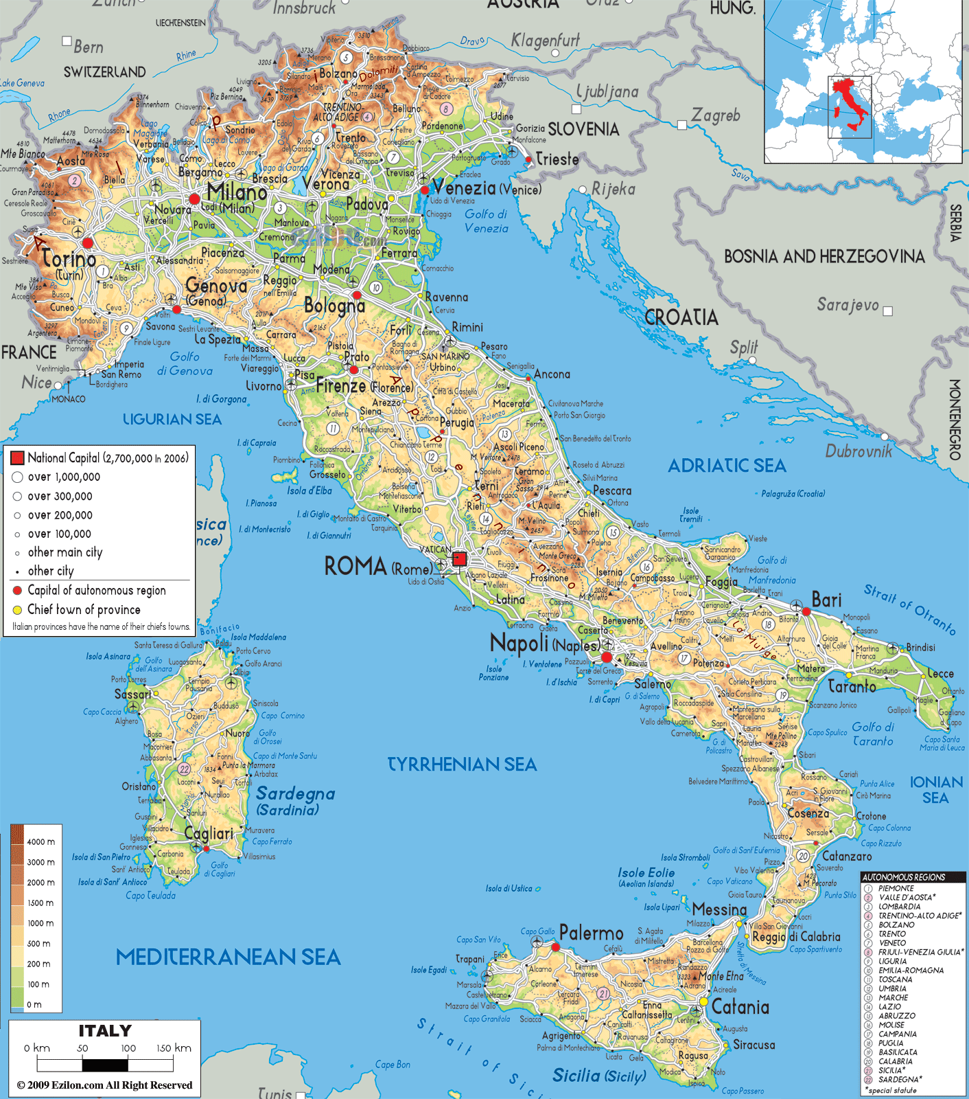 Physical Map of Italy - Ezilon Maps