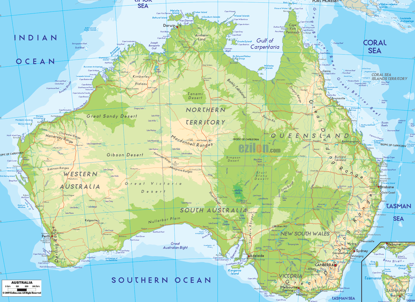 Physical Map Of Australia - Ezilon Maps