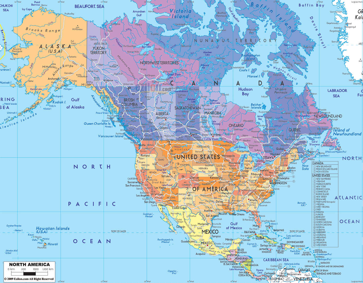 Map Of North America And The Caribbean Detailed Clear Large Political Map of North America   Ezilon Maps