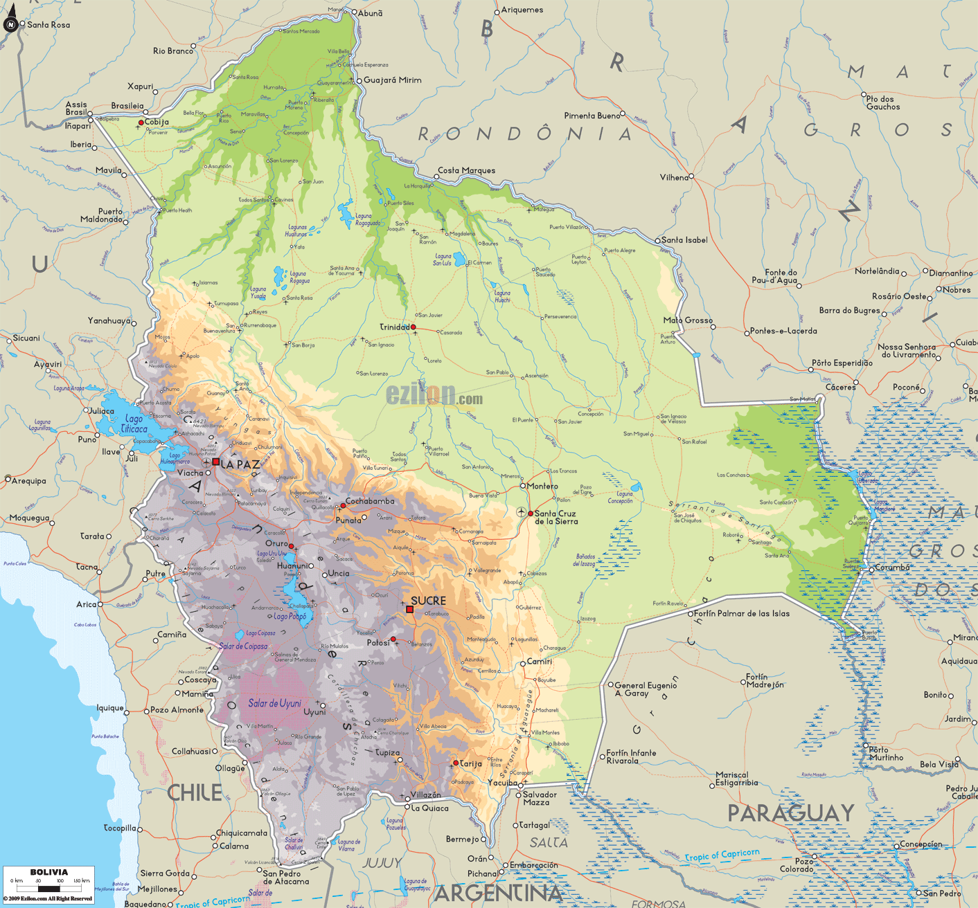 Physical Map of Bolivia - Ezilon Maps