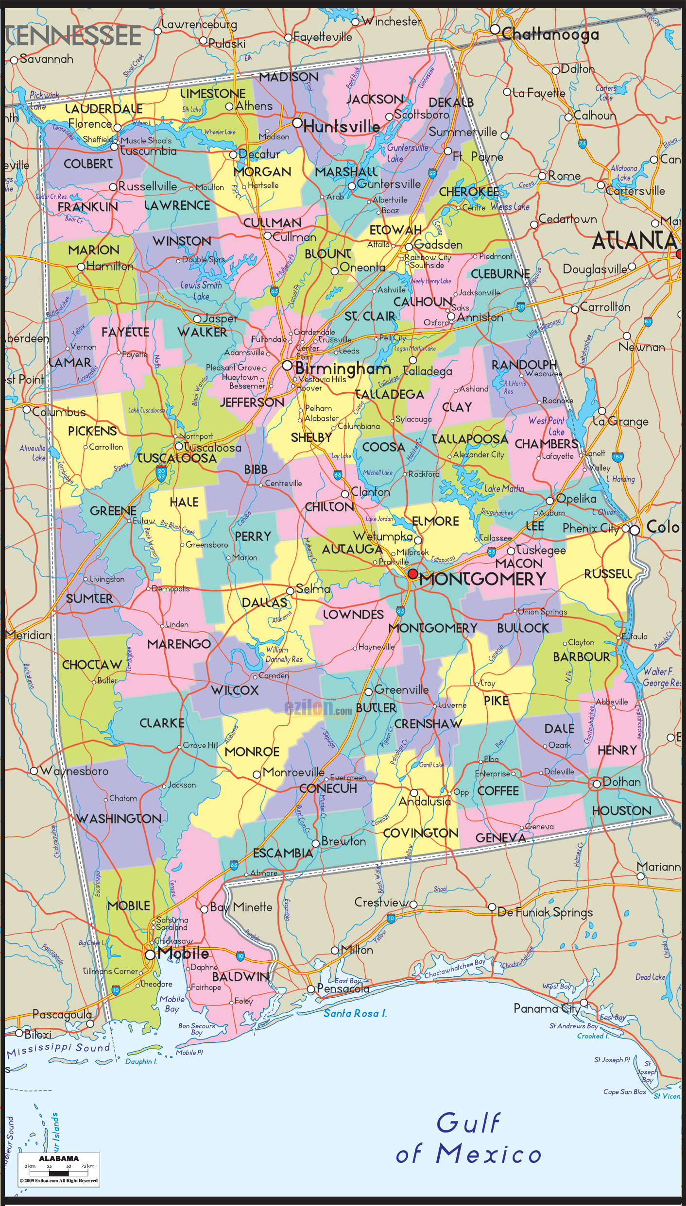 Detailed Political Map of Alabama - Ezilon Maps
