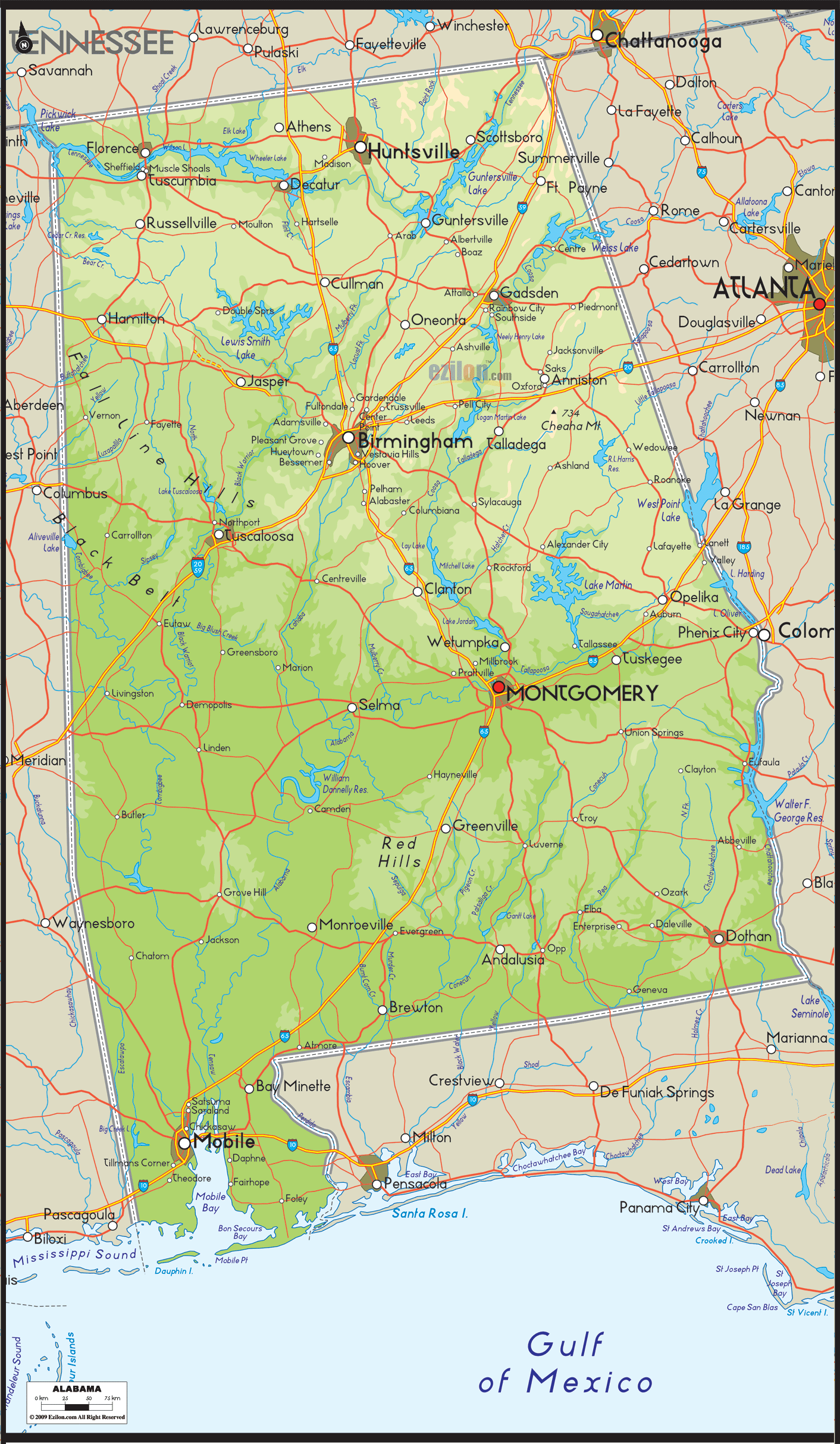 Physical Map of Alabama State - Ezilon Map