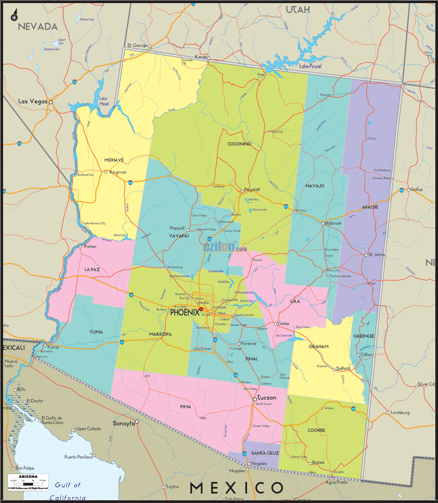Detailed Map of Arizona State Ezilon Maps