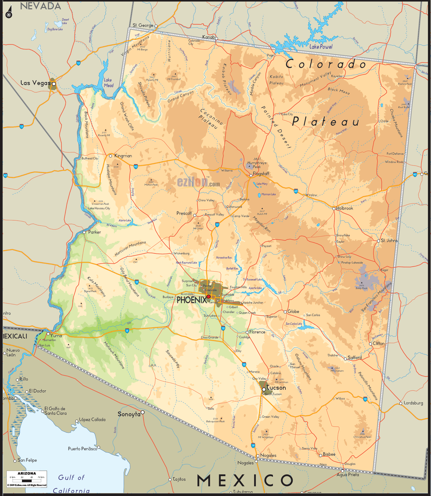 Physical Map of Arizona - Ezilon Maps