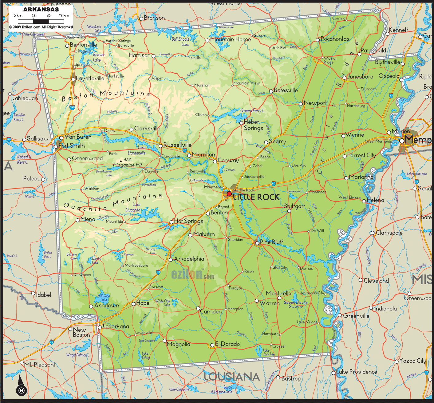 Physical Map of Arkansas - Ezilon Maps