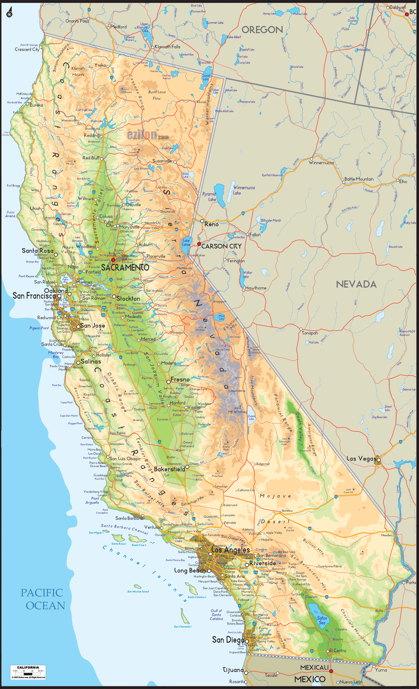 california mountain ranges map Physical Map Of California Ezilon Maps california mountain ranges map