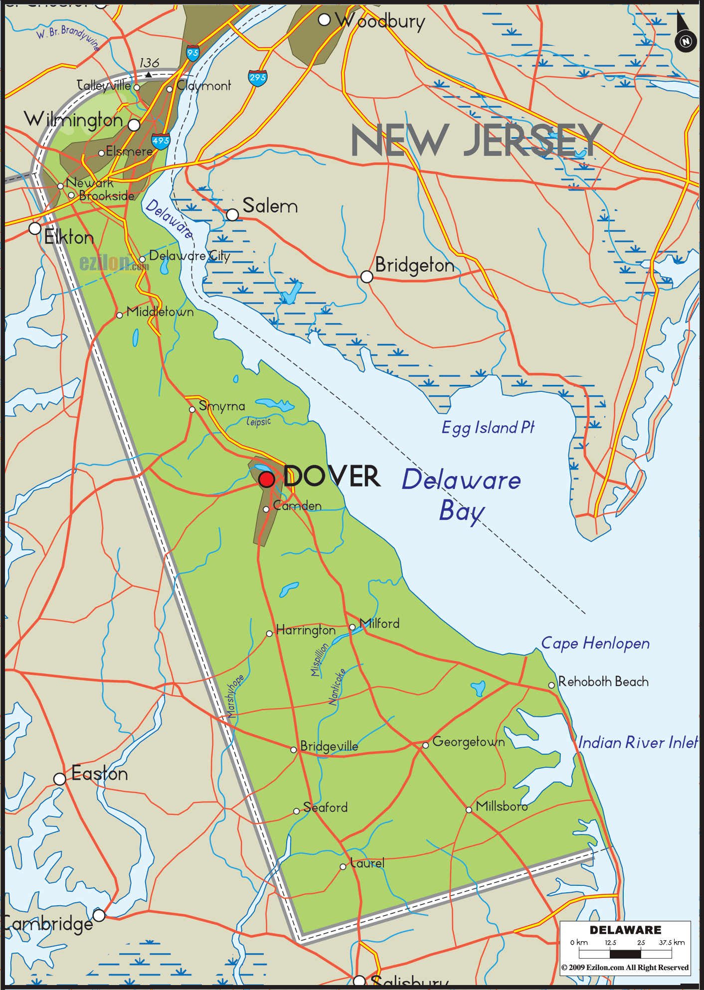 Physical Map of Delaware - Ezilon Maps