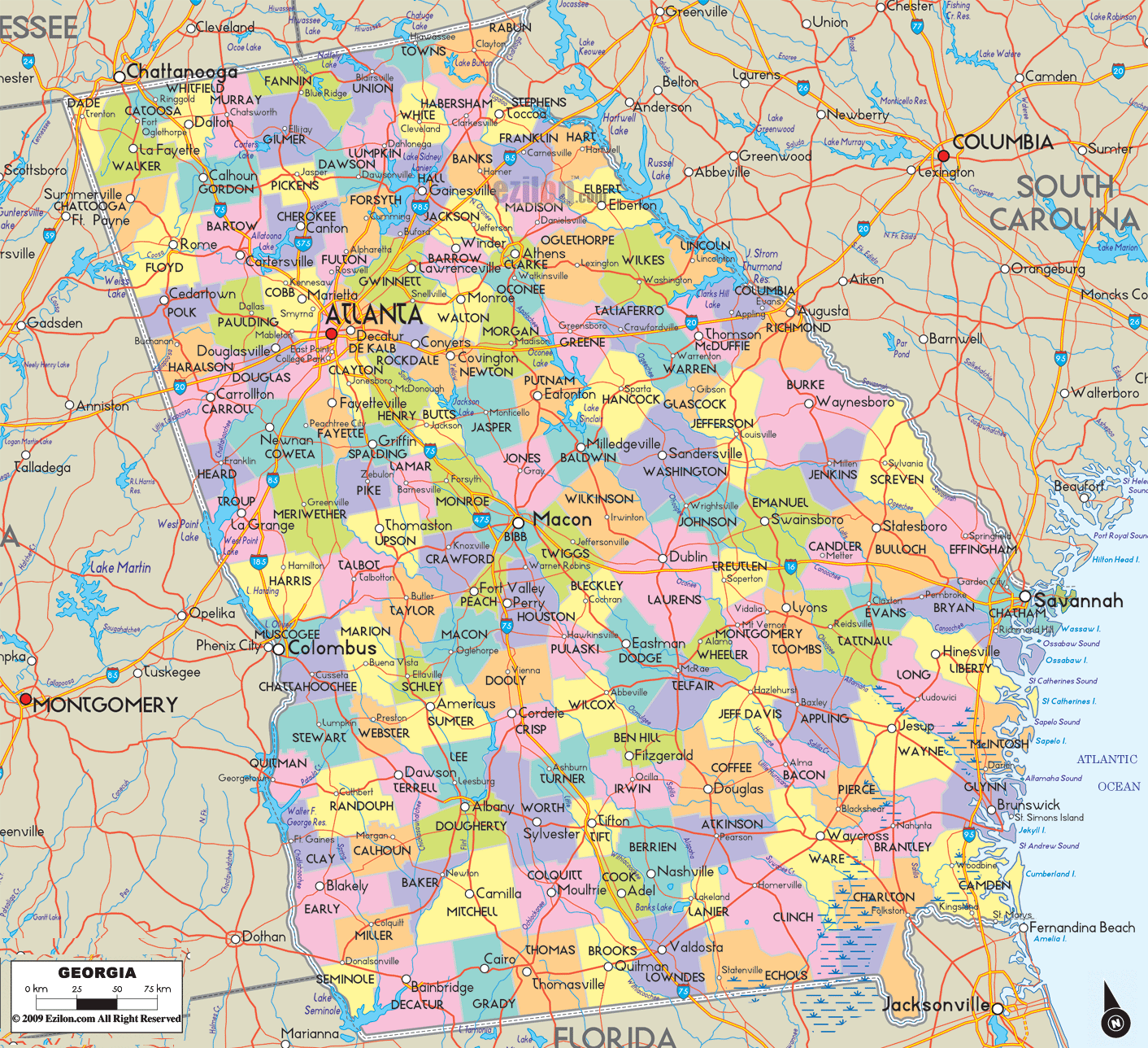 County Map Of Georgia Usa Detailed Political Map of Georgia   Ezilon Maps