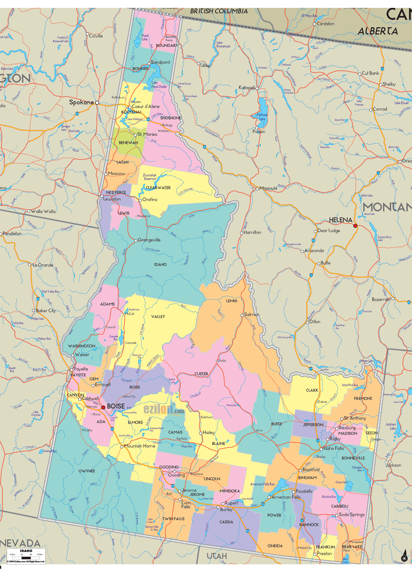 Detailed Political Map of Idaho - Ezilon Maps