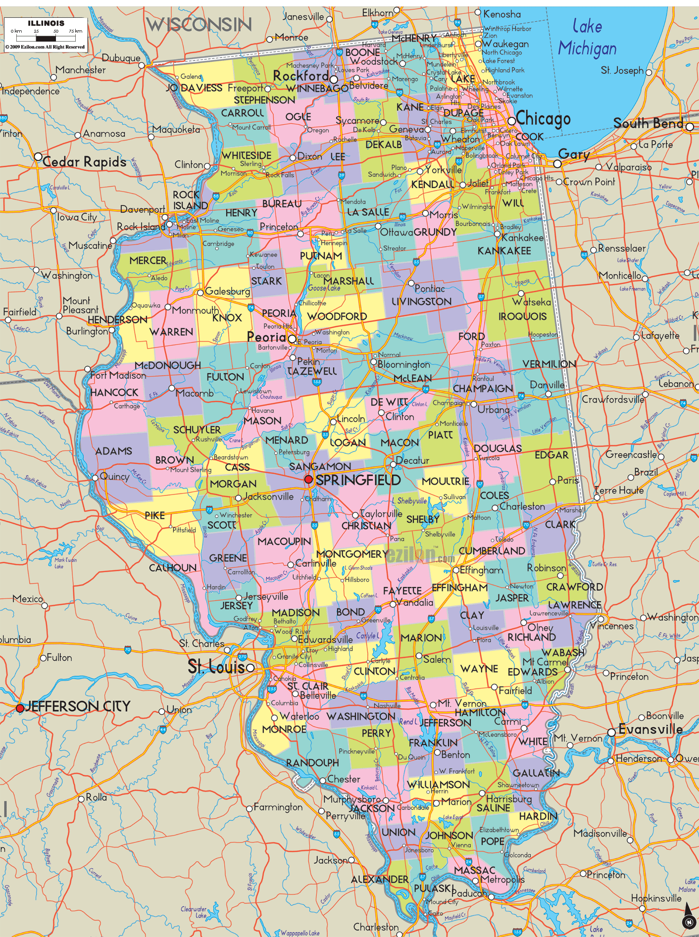 Detailed Map Of Illinois State Ezilon Maps