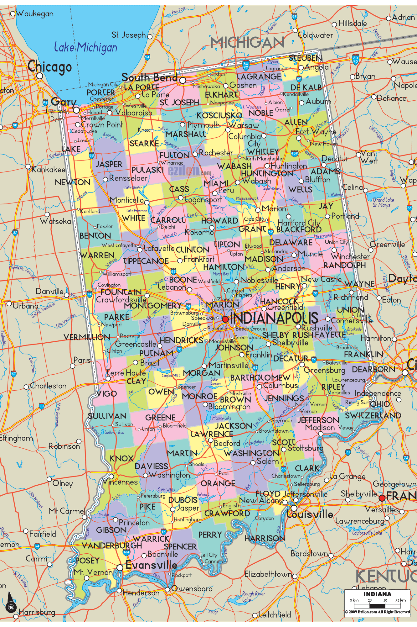 Indiana Map By County With Cities Detailed Political Map of Indiana   Ezilon Maps