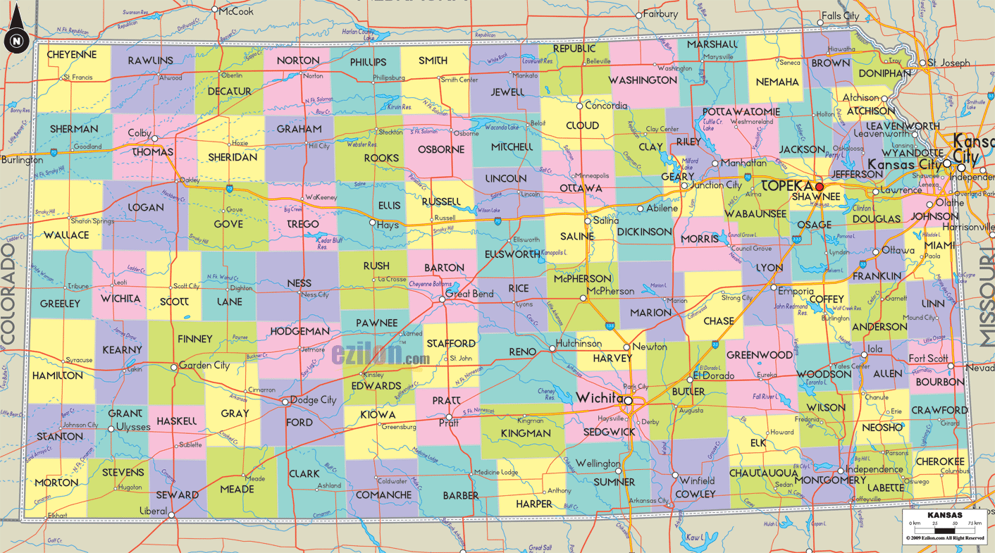 Detailed Political Map of Kansas - Ezilon Maps
