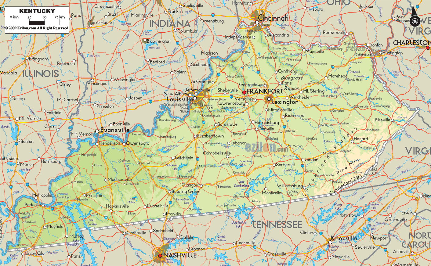 Physical Map of Kentucky - Ezilon Maps