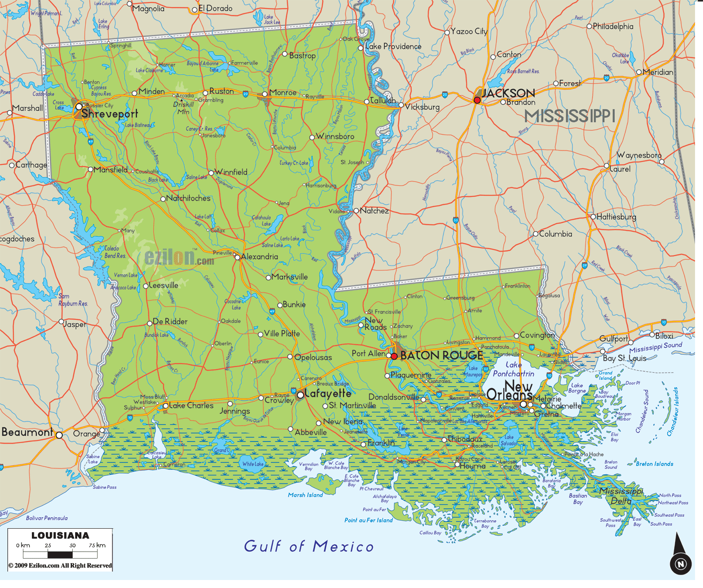 Physical Map Of Louisiana Physical Map of Louisiana   Ezilon Maps