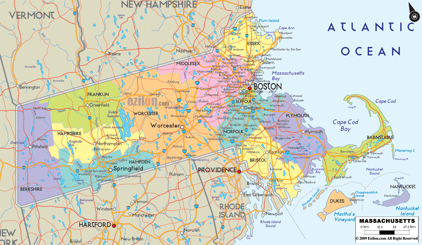 Detailed Map Of Massachusetts State Usa Ezilon Maps